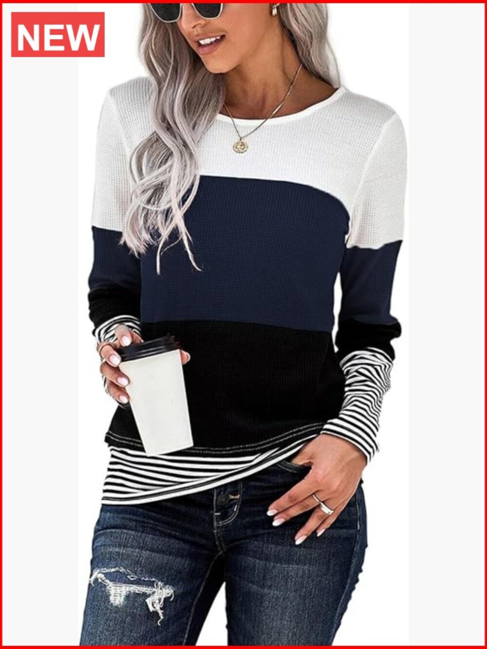 Waffle Knit Long Sleeve Tunic, Loose Fit Pullover Top